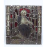 THREE VICTORIAN ECCLESIASTICAL LEADED GLASS PANELS, stained and painted, one depicting Christ, the