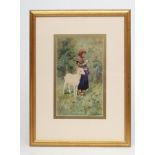 SPANISH SCHOOL (c.1900), Women with a Goat, watercolour and pencil, signed Ramos, 12" x 7", gilt