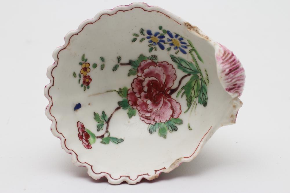 A BOW PORCELAIN SHELL SALT, c.1765, centrally painted in famille rose enamels with a large peony, - Image 4 of 13