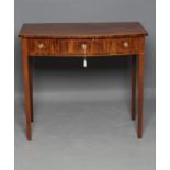 A GEORGIAN MAHOGANY SIDE TABLE, early 19th century, of bowed form with satinwood and ebony