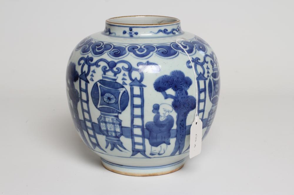 A CHINESE PORCELAIN JAR of globular form, painted in underglaze blue with panels of a boy standing - Image 2 of 4