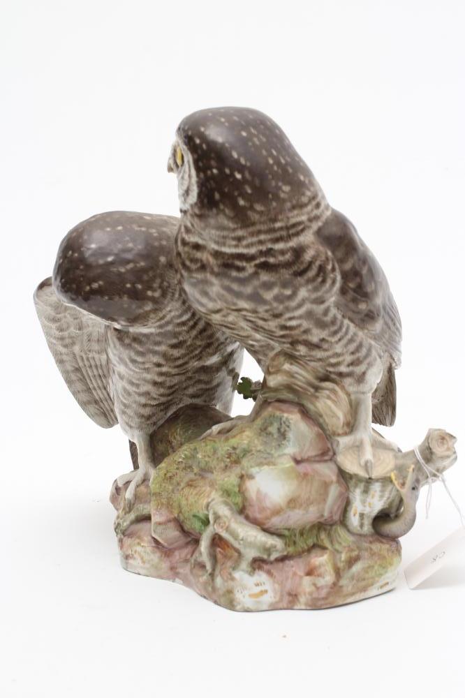 TWO MEISSEN PORCELAIN OWLS, 19th century, both perched upon a naturalistically moulded rocky outcrop - Image 2 of 16