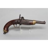 A BELGIAN SEA SERVICE PERCUSSION PISTOL, with 8" sighted barrel, tang dated 1822, brass furniture
