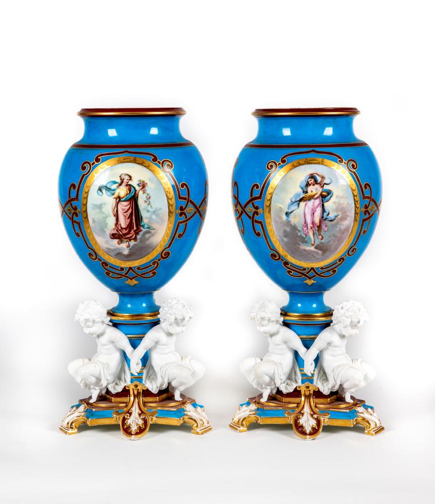 A LARGE PAIR OF PARIS PORCELAIN VASES, c.1880, the ovoid bodies painted in polychrome enamels with