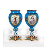 A LARGE PAIR OF PARIS PORCELAIN VASES, c.1880, the ovoid bodies painted in polychrome enamels with