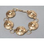 A 9CT GOLD BRACELET, the five Celtic style bosses with plain circular link spacers and lobster