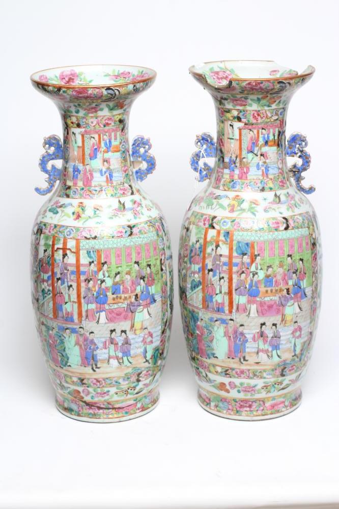 A PAIR OF CANTONESE PORCELAIN VASES of cylindrical form with waisted necks and scroll pierced