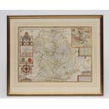 JOHN SPEED (1552-1629), "Shropshire", hand coloured engraved map with title banner, plan of