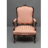 A GEORGIAN STYLE ROSEWOOD ARMCHAIR, 19th century, upholstered in pale pink striped silk, the