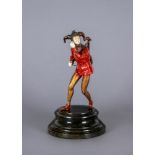 AN ART DECO COLD PAINTED BRONZE FIGURE, cast as a jester wearing red motley with a lute slung over