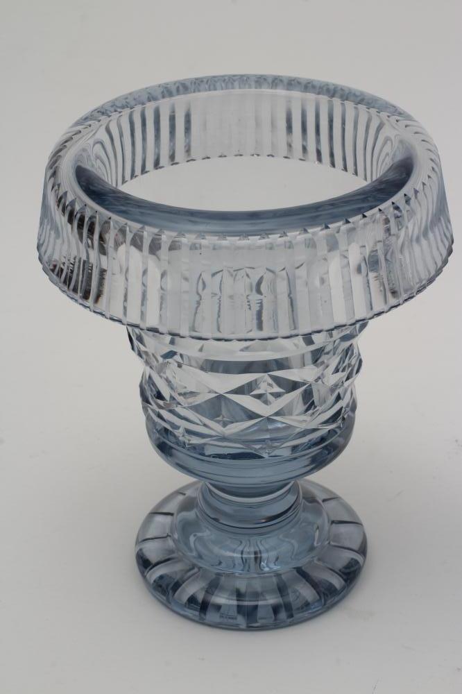 A PAIR OF BLUE/GREY GLASS URNS, 20th century, of flared cylindrical form with deep everted slice cut - Image 2 of 3