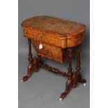 A VICTORIAN BURR WALNUT GAMES/WORK TABLE of shaped oblong form with stringing and foliate marquetry,