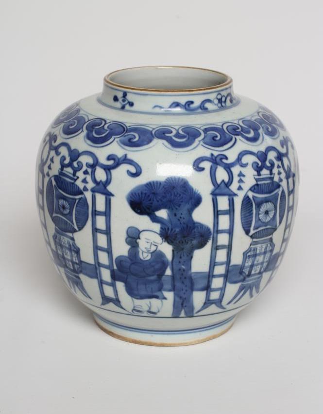 A CHINESE PORCELAIN JAR of globular form, painted in underglaze blue with panels of a boy standing