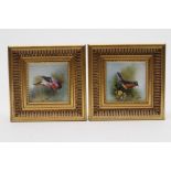 A PAIR OF SQUARE PORCELAIN PLAQUES, modern, painted in polychrome enamels by M. Creed with