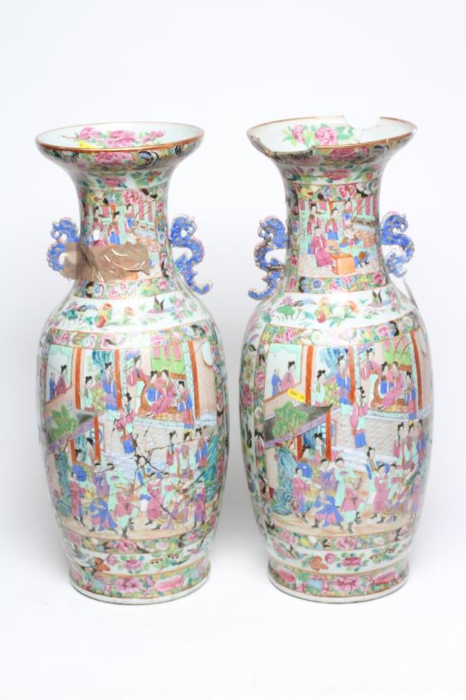 A PAIR OF CANTONESE PORCELAIN VASES of cylindrical form with waisted necks and scroll pierced - Image 2 of 2