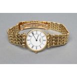 A LADY'S 18K GOLD LONGINES WRISTWATCH, the white dial with black Roman numerals in a plain case, the