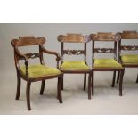 A SET OF EIGHT REGENCY MAHOGANY DINING CHAIRS including two elbow chairs, the leaf carved top