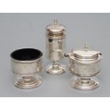 A THREE PIECE PEDESTAL CRUET, maker Birmingham Silver Company, Birmingham 1979, of plain cylindrical