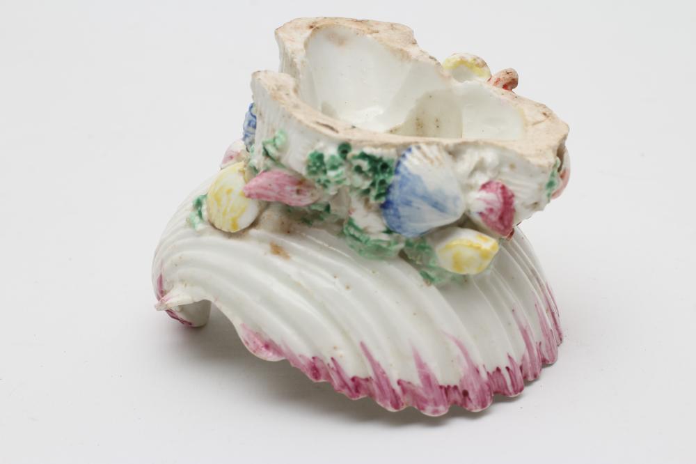 A BOW PORCELAIN SHELL SALT, c.1765, centrally painted in famille rose enamels with a large peony, - Image 2 of 13