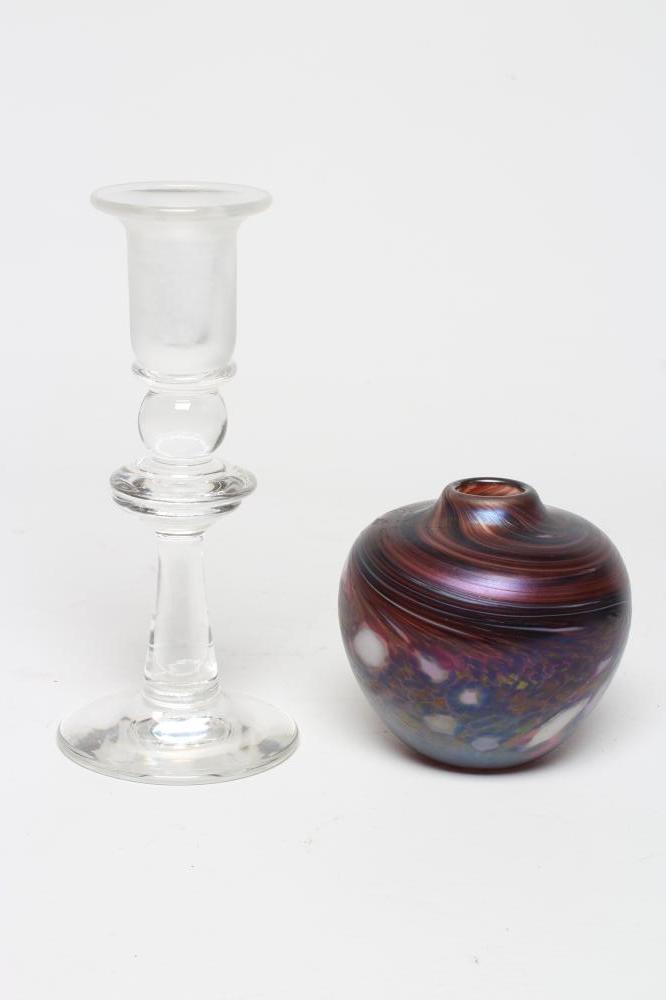 A DAVID WALLACE CLEAR GLASS CANDLESTICK, with slightly iridescent frosted cylindrical socket on