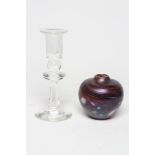 A DAVID WALLACE CLEAR GLASS CANDLESTICK, with slightly iridescent frosted cylindrical socket on