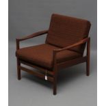 A FORMOSA TEAK ARMCHAIR 1950/60, with loose cushions in a brown and orange tweed, the ladder back