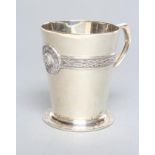 A CHRISTENING MUG, maker Manoah Rhodes, London 1930, of flared cylindrical form with cast and