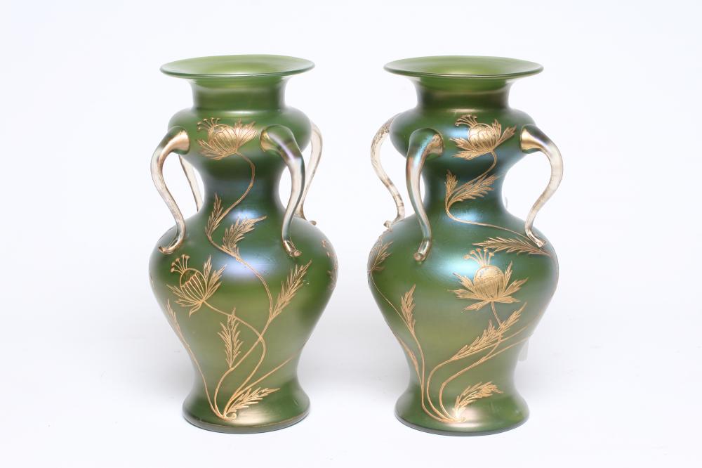 A PAIR OF ART NOUVEAU GLASS VASES of double inverted baluster form with four drawn and applied clear