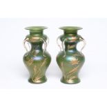 A PAIR OF ART NOUVEAU GLASS VASES of double inverted baluster form with four drawn and applied clear
