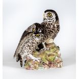 TWO MEISSEN PORCELAIN OWLS, 19th century, both perched upon a naturalistically moulded rocky outcrop