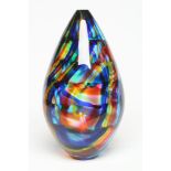 A PETER LAYTON GLASS VASE of rounded conical form with blue, red, yellow and green striations,