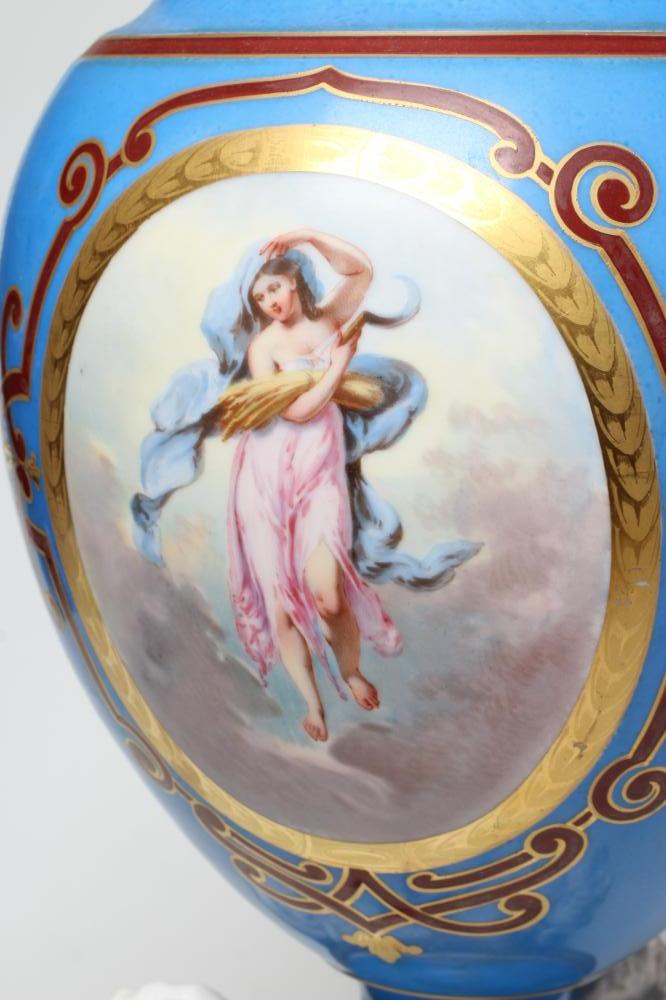 A LARGE PAIR OF PARIS PORCELAIN VASES, c.1880, the ovoid bodies painted in polychrome enamels with - Image 2 of 3