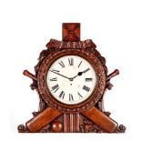 A VICTORIAN CRICKET THEMED OAK CASED WALL TIMEPIECE with single fusee movement, the 12" white enamel