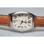A MID SIZE LONGINES EVIDENZA WRISTWATCH, the shaped oblong cream dial with black Roman numerals,