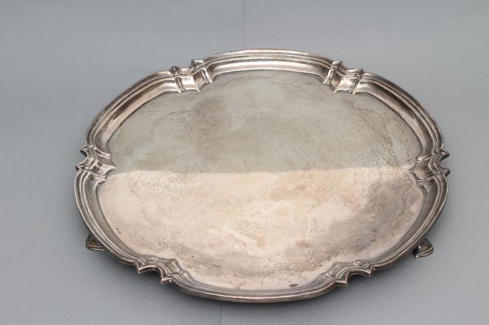 A SALVER, maker Charles Boyton, Sheffield 1968, of lobed circular form with pie-crust rim, raised