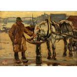 MAURICE WAGEMANS (Belgian 1877-1927), Harbour Scene with Workhorse and Driver, oil on board,