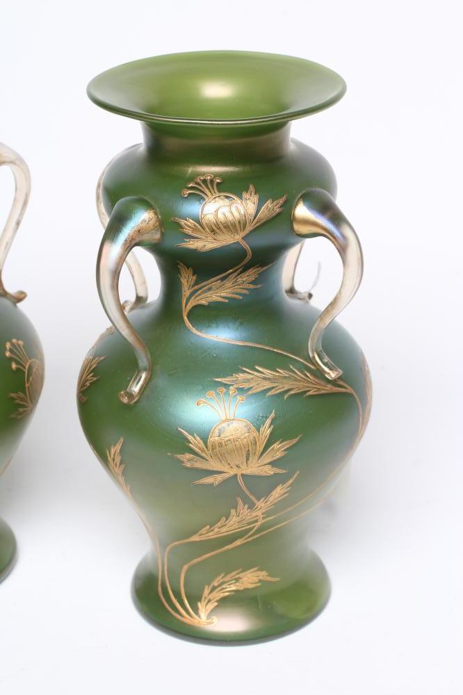 A PAIR OF ART NOUVEAU GLASS VASES of double inverted baluster form with four drawn and applied clear - Image 2 of 2