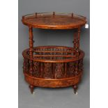 A VICTORIAN BURR WALNUT CANTERBURY/WHATNOT of oval form with stringing and foliate marquetry,