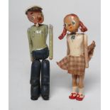 Popeye and Olive Oyl dolls of jointed and painted wooden form, 3 1/2" long (Est. plus 21% premium