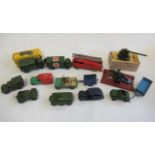 Playworn Dinky including military vehicles, fire engine, Land Rover and trailer, F-P (Est. plus