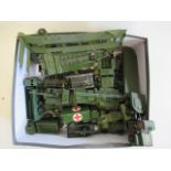 Playworn military vehicles by Dinky and others including tank transporter, lorries and guns, P (Est.