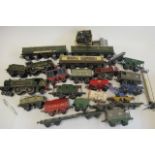 Playworn Hornby rolling stock including three clockwork locomotives, three No 2 coaches and goods
