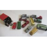 Playworn vehicles by Corgi, Dinky, Matchbox and others including bus, sports cars and lorries, and a