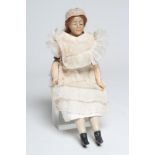 A Victorian wax shoulder head doll, with blue painted eyes, auburn wig, jointed wooden body, wax