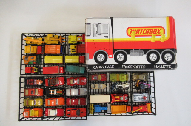 Late Issues Matchbox Carry Case with thirty six Matchbox vehicles from the 1980's catalogue, F-G (