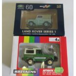 Britains 60 Years Land Rover Series 1, boxed E, and Britains 9512 Farm Land Rover, boxed E (Est.