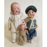 Three bisque head dolls, comprising an 11" Armand Marseille socket head doll with blue glass