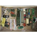 Twenty eight Dinky vehicles including tank transporter with tank, car transporter, caravan, racing