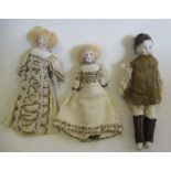 Three shoulder head dolls house dolls, comprising two similar ladies in beaded dresses and a boy