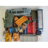 Playworn diecast vehicles by Corgi, Dinky and others including Coles Crane, car transporter, tank